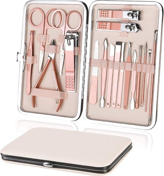 Professionele Manicure Set - 18-delig - Draagbare Nagelknipper Pedicure Set & Wenkbrauw Verzorgingsset, Roestvrij Staal Nagelverzorgingsgereedschap Met Luxe Lederen Etui- Roze