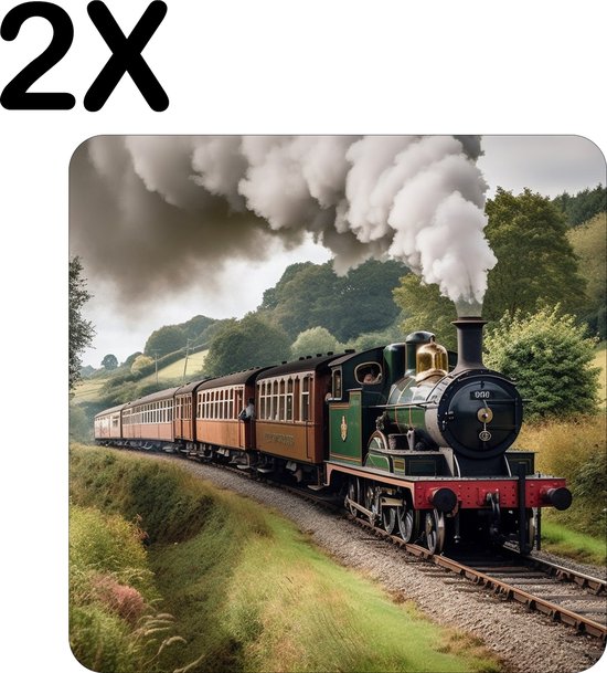BWK Luxe Placemat - Stoomtrein door de Bergen - Set van 2 Placemats - 40x40 cm - 2 mm dik Vinyl - Anti Slip - Afneembaar