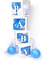 Vier doorzichtig letter ballon box blokken Baby wit met 24 blauwe en witte ballonnen - babyshower - genderreveal - geboorte - baby - zwanger