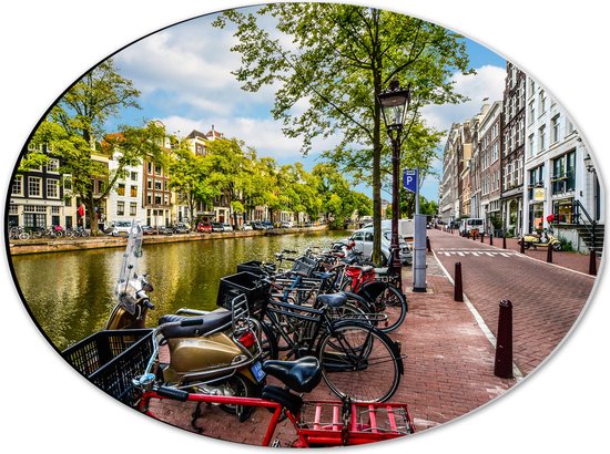 Dibond Ovaal - Rij Fiets Geparkeerd langs de Gracht in Amsterdam - 40x30 cm Foto op Ovaal (Met Ophangsysteem)