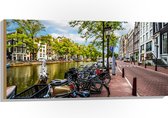 Hout - Rij Fiets Geparkeerd langs de Gracht in Amsterdam - 100x50 cm - 9 mm dik - Foto op Hout (Met Ophangsysteem)