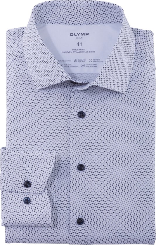 OLYMP 24/7 modern fit overhemd - popeline - blauw met wit dessin - Strijkvriendelijk - Boordmaat: