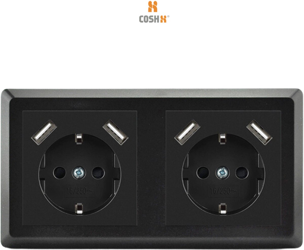 CoshX® dubbel usb stopcontact 3.4 A snelladers zwart - dubbele inbouw  wanddoos usb CE... | bol.com