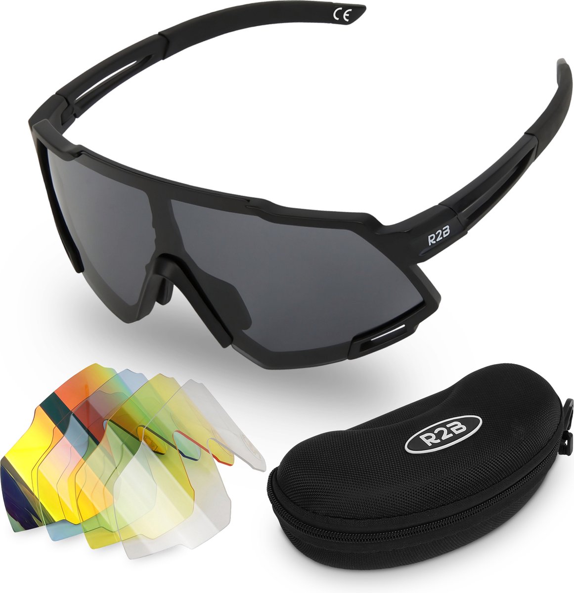 R2B® Fietsbril met 5 verwisselbare lenzen voor elk weertype - Unisex & Universeel - Sportbril - Zonnebril voor Heren en Dames - Fietsaccessoires - Zwart - R2B