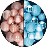 Kerstballen 60x stuks - mix lichtroze/ijsblauw - 4-5-6 cm - kunststof - kerstversiering