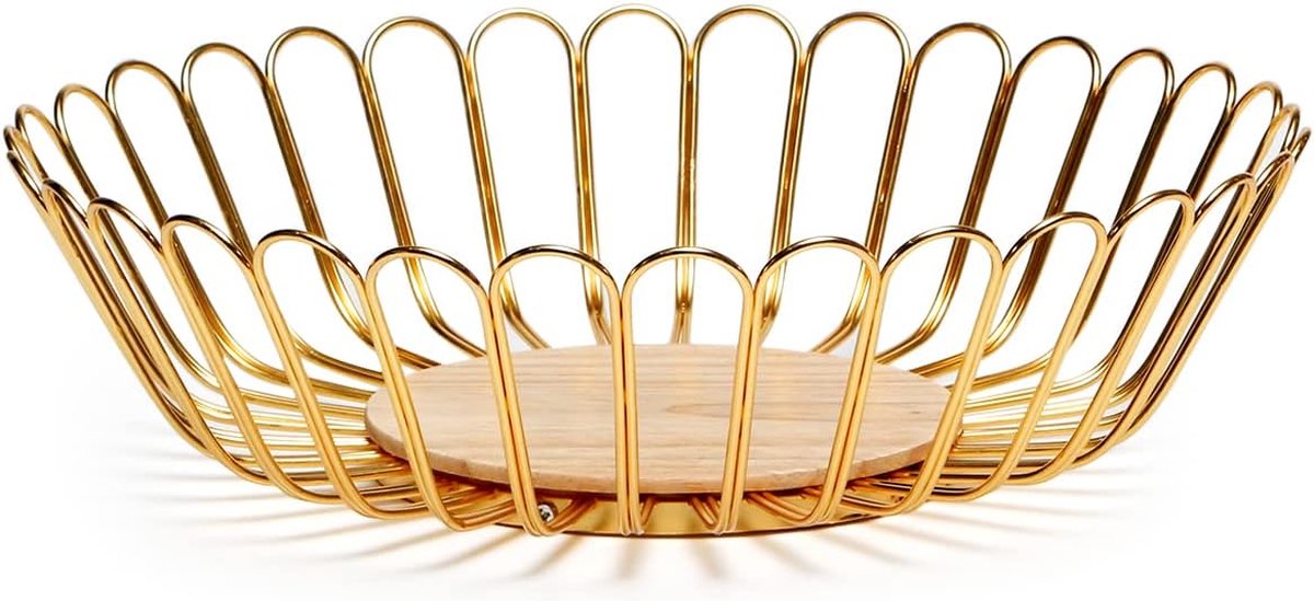 Gouden Fruitschaal, 30x9cm Groot Fruitmand met Houten Voet, Metaal, Modern