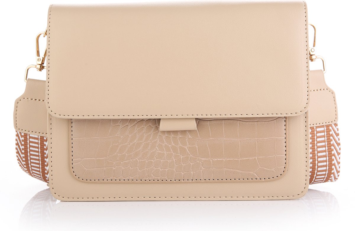 Musthave tas (groot) - ruime handtas - schoudertas - crossbody tas - dames - cadeautip - beige - crocoprint - geweven schouderriem