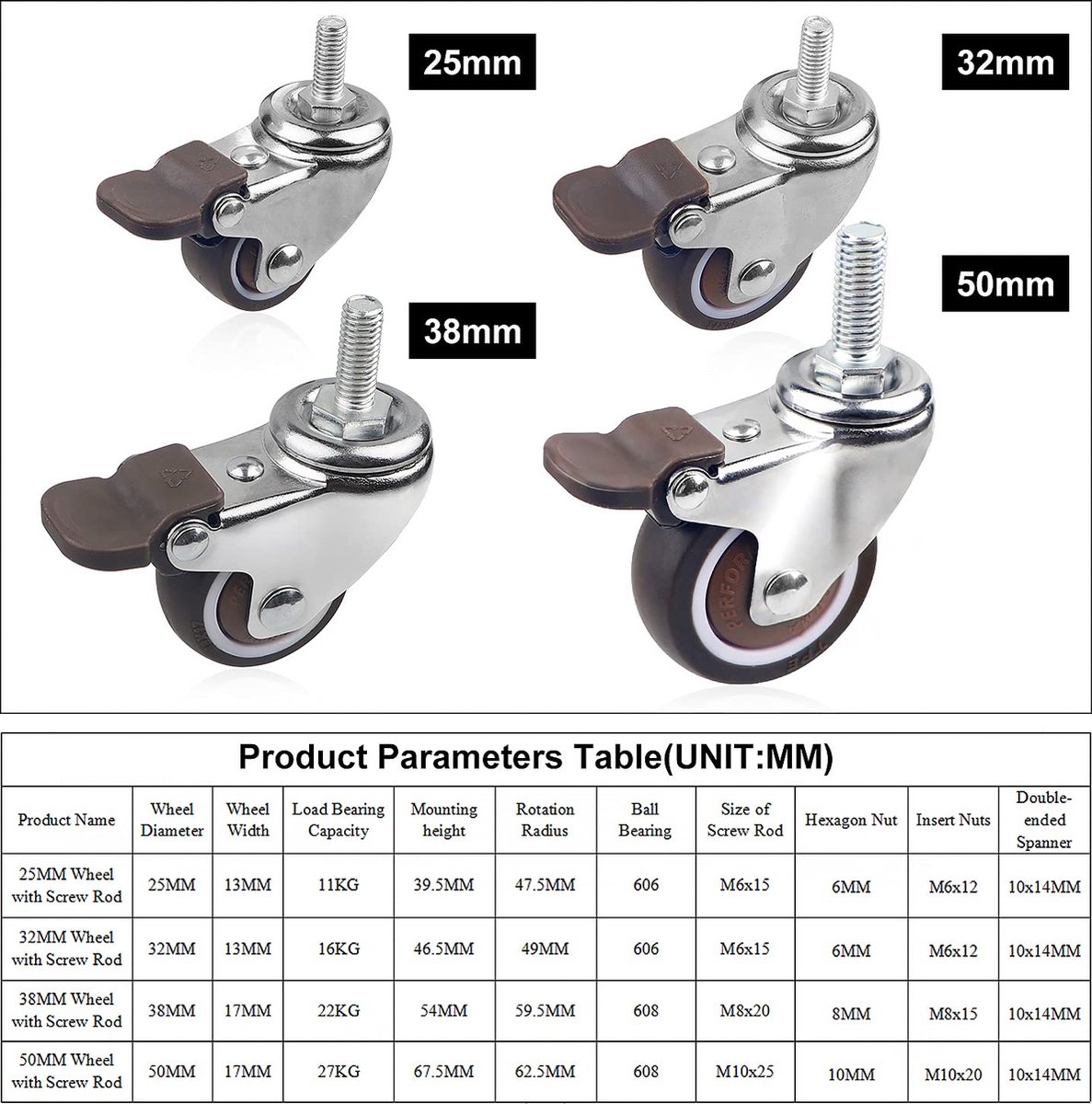 50 mm zwenkwielen, M8X15 mm, M10X15 mm stuurpenwielen, 360 graden zwenkwielen met schroefdraad, set van 4, meubelwielen, transparante rubberen trolleywielen (maat: M10 * 15 mm, kleur: 4 gere