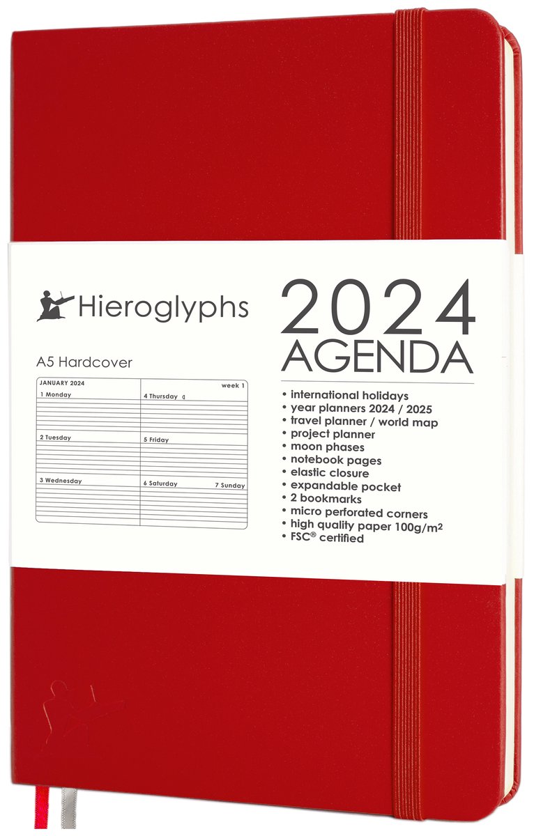 Hieroglyphs Agenda 2024 A5 - 1 Week per 2 pagina's - Harde kaft - Sluitelastiek - Opbergvak - 2 Bladwijzers - Weekagenda - Rood Vermiljoen