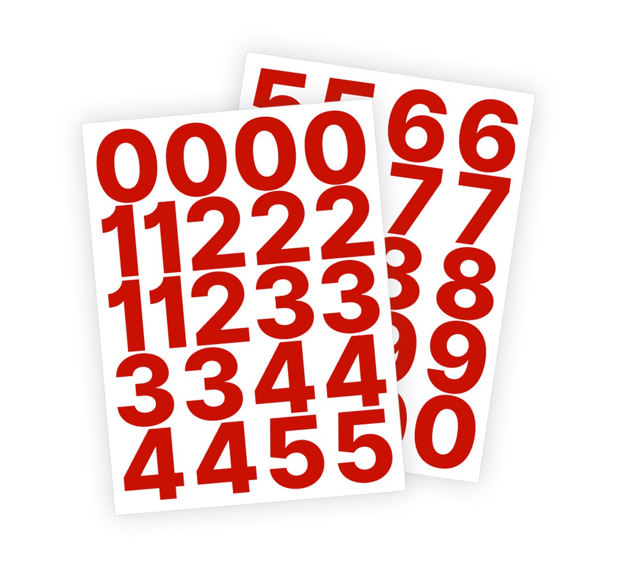Cijfer stickers / Plaknummers - Stickervellen Set - Rood - 5cm hoog - Geschikt voor binnen en buiten - Standaard lettertype - Glans