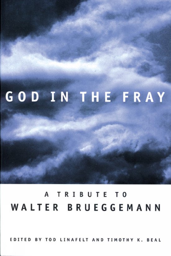 Boekomslag met de titel 'GOD IN THE FRAY', een eerbetoon aan Walter Brueggemann. Bewolkte hemel.