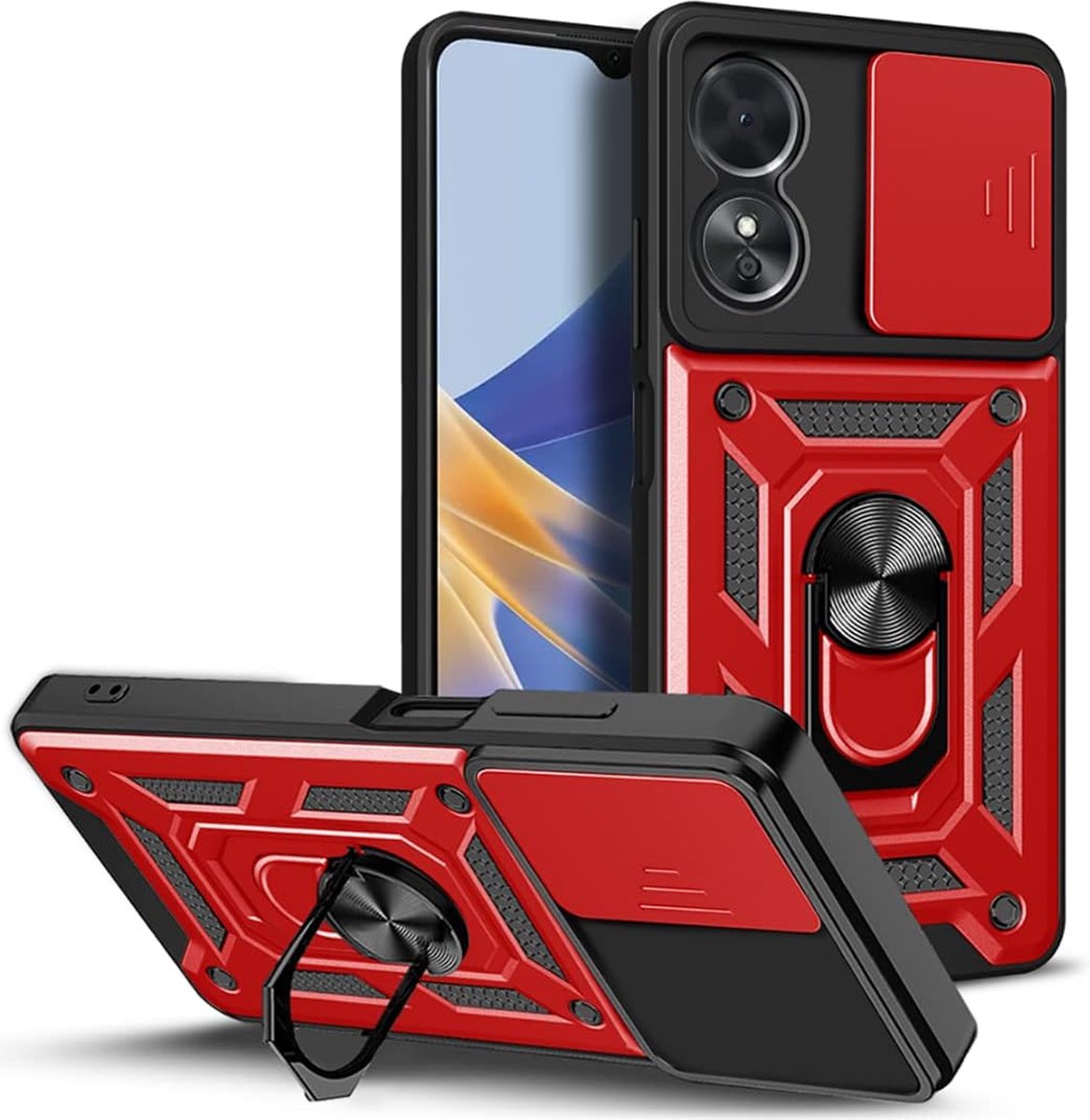 Geschikt voor Oppo A98 Hoesje met Camera Slider en Kickstand Ring - Rood