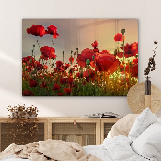 Peinture sur verre Fleurs - Coquelicots - Rouge - Coucher de soleil - Peintures de salon - Photo sur verre - Plaque de verre - Décoration de chambre - 120x80 cm - Décoration murale - Décoration murale - Chambre - Peinture sur verre