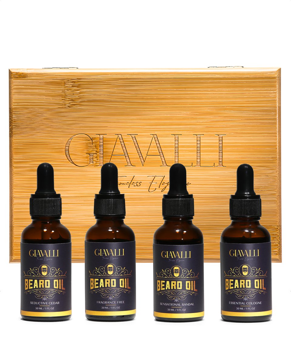 Baardolie Set Giavalli - Baardverzorging Set - Baard Verzorging Set - Baardverzorgingsset - Natuurlijke Baardgroei Kit - Vier Flesjes Baard Olie In Luxe Kistje - Ideaal i.c.m. baardtrimmer - baardkam - baardborstel - baardshampoo – baardbalsem