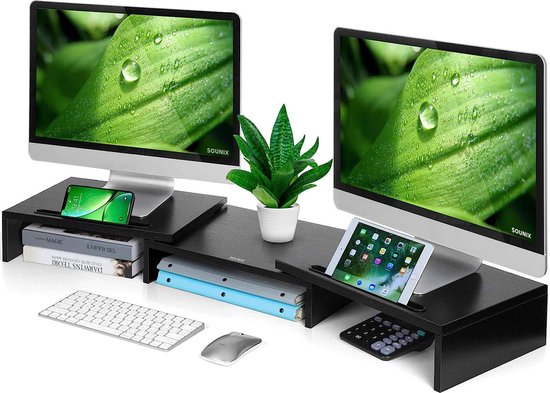 AX Waber Elevador de monitor doble, longitud y ángulo ajustables, soporte de madera para 2 monitores con almacenamiento