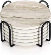 iBright Onderzetters voor glazen - Set van 8 met houder - Absorberend - Rond - Beige - Marble - Marmer Design - Coasters