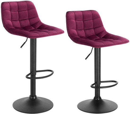 Velvet Barkrukken Katsuko - In hoogte verstelbaar - Met rugleuning - Set van 2 - Bordeaux - Barstoelen ergonomisch - Keuken en bar - Zithoogte 59-81cm