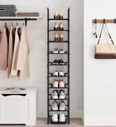 schoenenrek, opbergen van schoenen, 10 niveaus, open schoenenkast, opbergen van schoenen, smal, 33 x 33 x 173 cm, metalen frame, planken van
