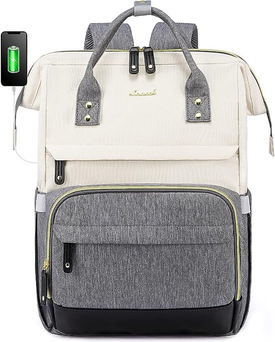 LOVEVOOK Sac à dos, grand sac à dos pour ordinateur portable avec compartiment pour ordinateur portable, 17,3 pouces Beige + Grijs + Cuir Zwart