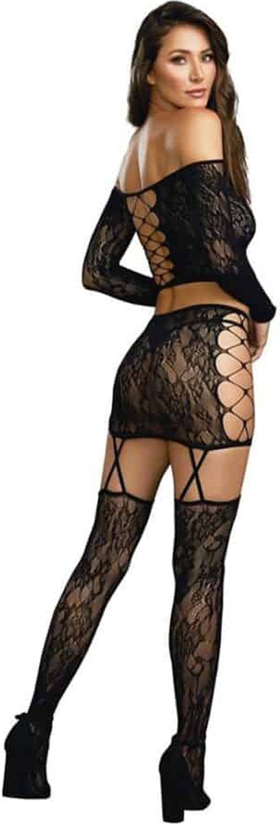 Goedkoopste Dreamgirl - Erotische Lingerieset - Top, Rok En Kousen - Zwart - One Size