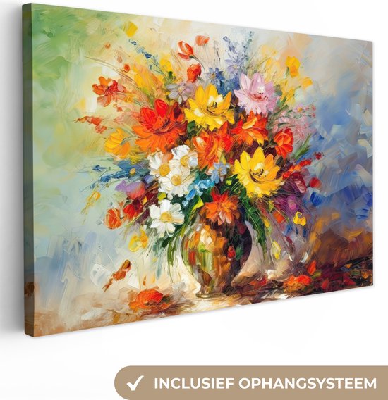 Toile Peinture Fleurs - Coloré - Peinture à l'huile - Pot de Fleurs -  140x90 cm -... | bol