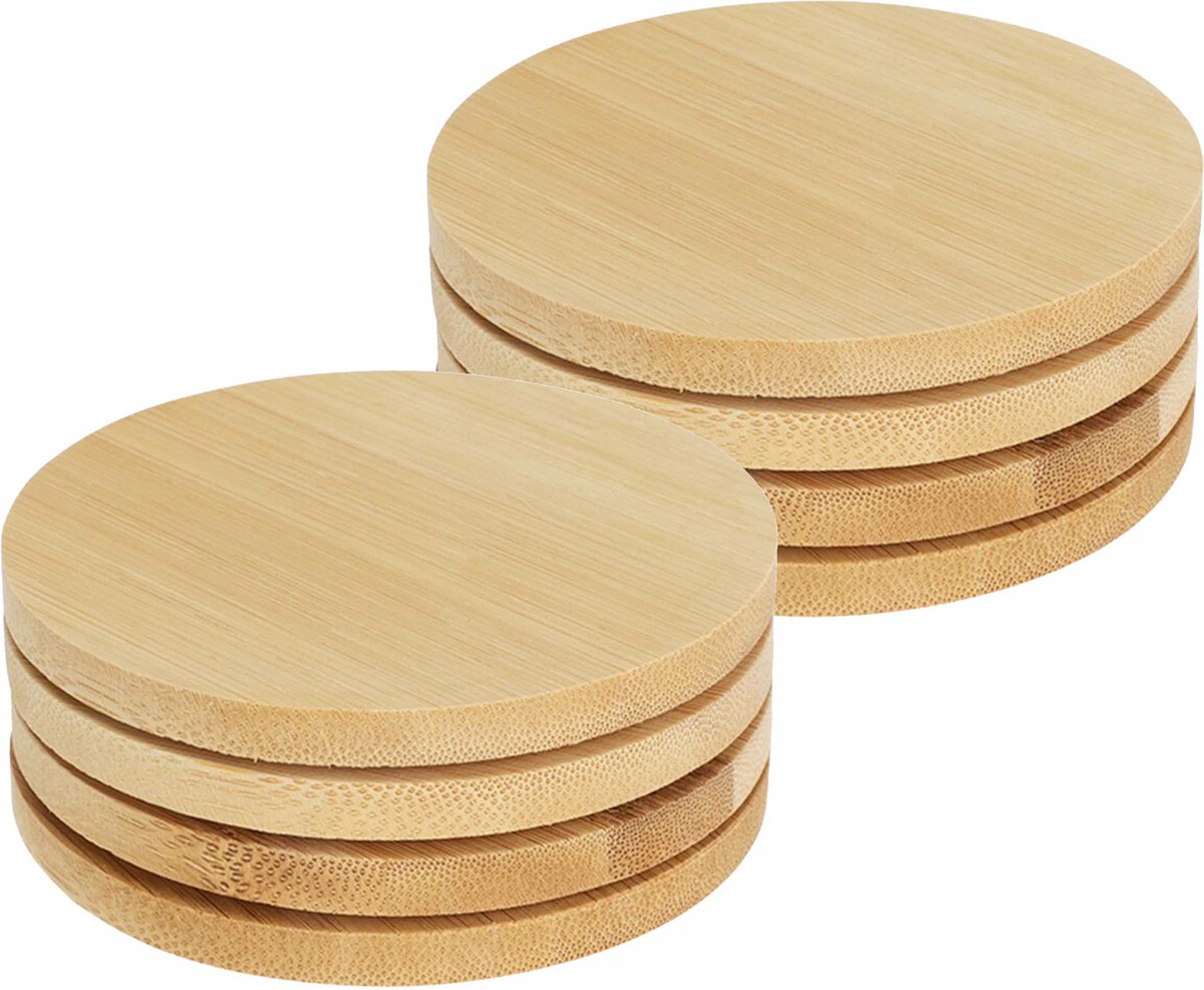 Excellent Houseware Onderzetters voor glazen - 8x - beige - rond - hout - 10 x 10 cm