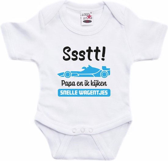 Bellatio Decorations baby rompertje - Auto Race Papa - wit/blauw - vaderdag/babyshower cadeau 56