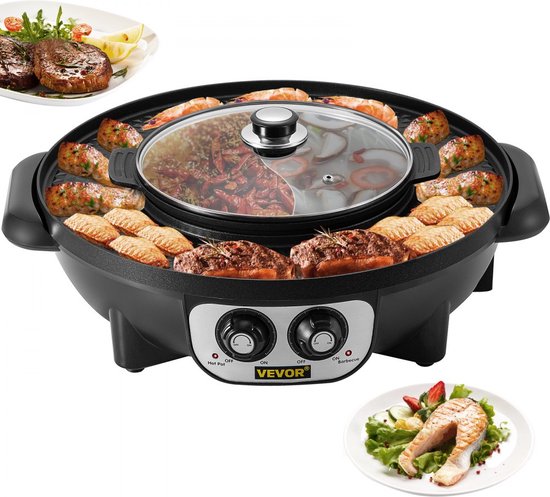 Foto: 2 in 1 bbq grill hete pot 2200w multifunctionele elektrische grill hot pot 51 5x21x46 cm grill indoor hot pot van gegoten aluminium en gehard