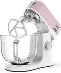 Pastelroze Kenwood kMix keukenmachine met witte basis, glazen mengkom en platte klopper.
