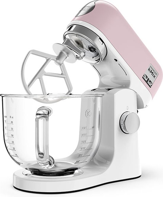 Pastelroze Kenwood kMix keukenmachine met witte basis, glazen mengkom en platte klopper.