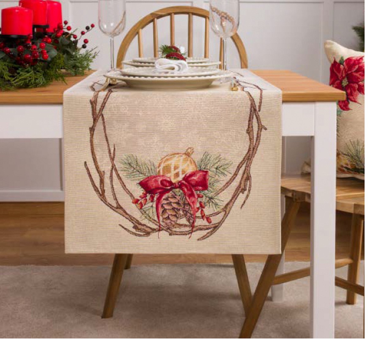 Tafelloper - Kerst - luxe Gobelinstof - Noel - Kerstbloem - Dennenappel - loper 45 x 140 cm