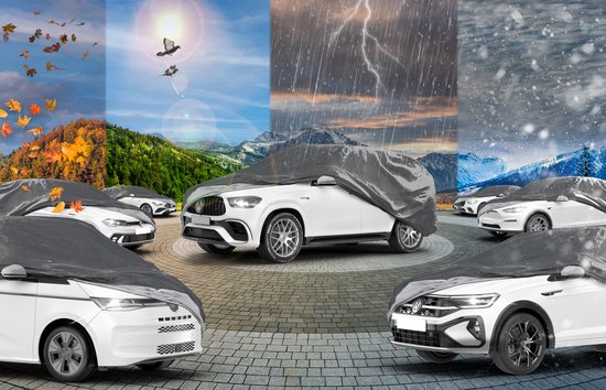 Walser autohoes omringt witte auto's in verschillende seizoenen en weersomstandigheden.