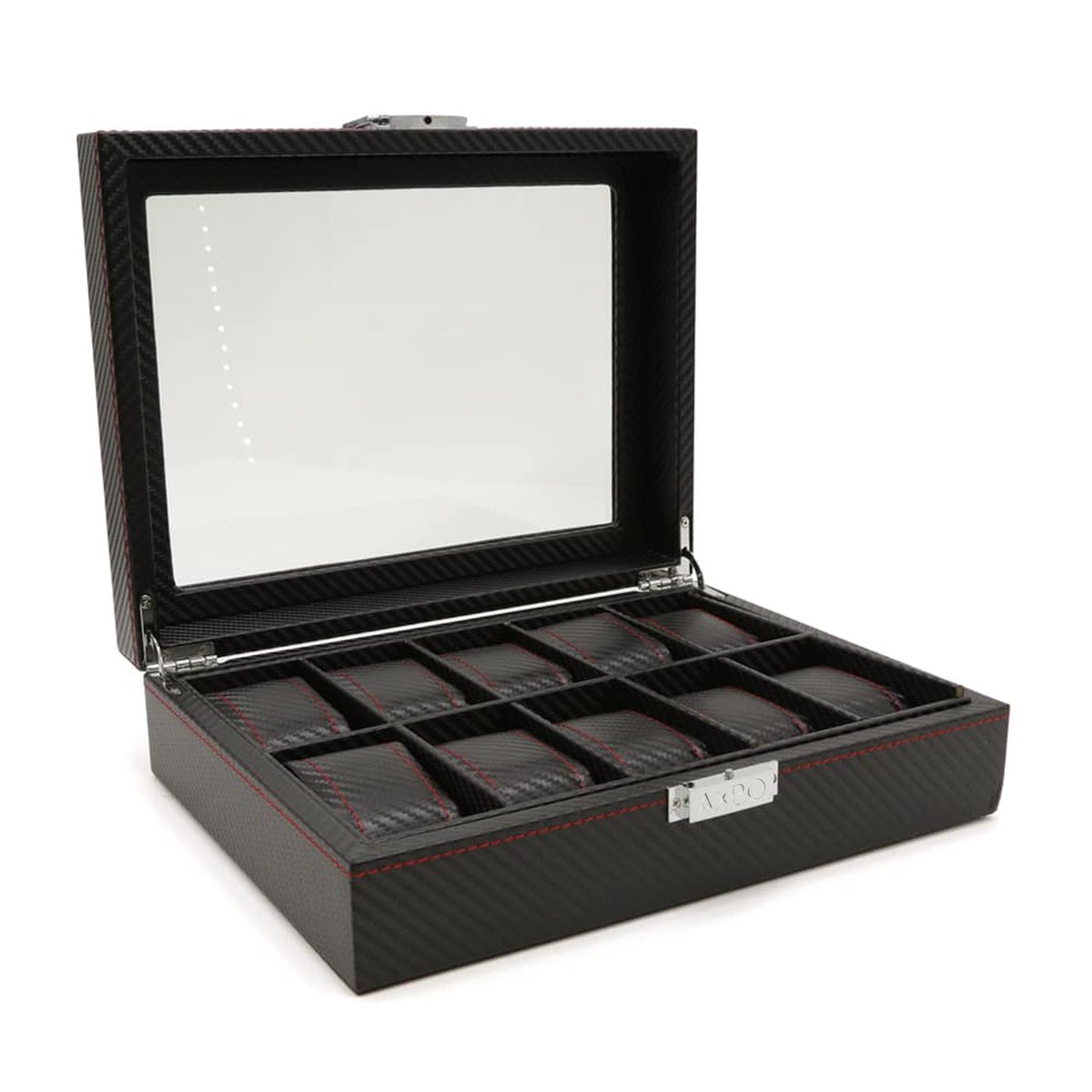 Luxe Horloge Doos - Opbergdoos - 10 Vakken - Sieradendoos - Ferrari - Kist - Carbon Fiber look - Verwijderbaar Kussens - Watch Box - Leder - Leer - Zwart - Rood
