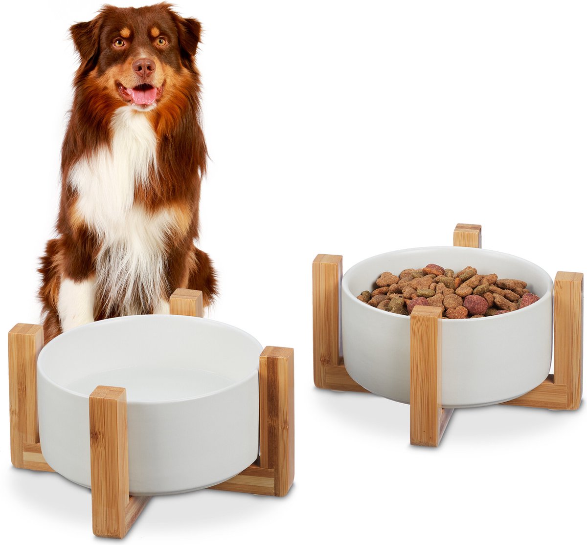 Relaxdays hondenvoerbak op standaard, verhoogde voerbak, 2 eetbakken van rvs, elk 750 ml, mangohout & ijzer, bruin/zwart