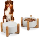 Gamelle pour chien Relaxdays - lot de 2 - grande gamelle pour chien - céramique - avec support en bambou