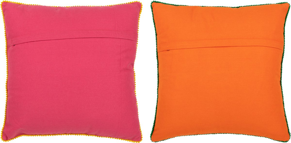 J-Line kussen Bloemen Geborduurd - katoen/polyester - oranje/roze - 2 stuks Multi