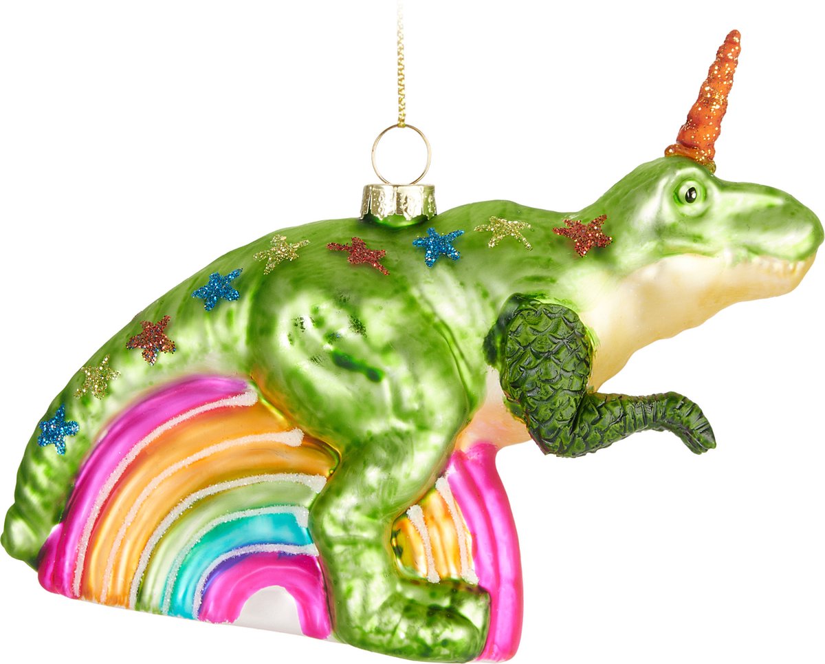 Brubaker Eenhoorn Regenboog Dinosaurus - Handgeschilderde Glazen Kerstbal - Handgeblazen Kerstversiering - Grappige Kersthanger - Kerstboom Decoratie - 13 cm ‎Eenhoorn Regenboog Dinosaurus
