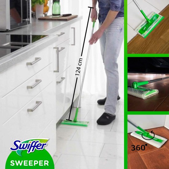 Homme de 124 cm utilisant une Swiffer Sweeper verte dans une cuisine. Collage montrant la serpillière sur carrelage, bois et sous des appareils.