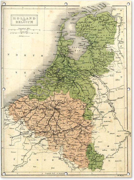 Tuinposter - Tuindoek - Tuinposters buiten - Vintage kaart van Nederland en België - 90x120 cm - Tuin