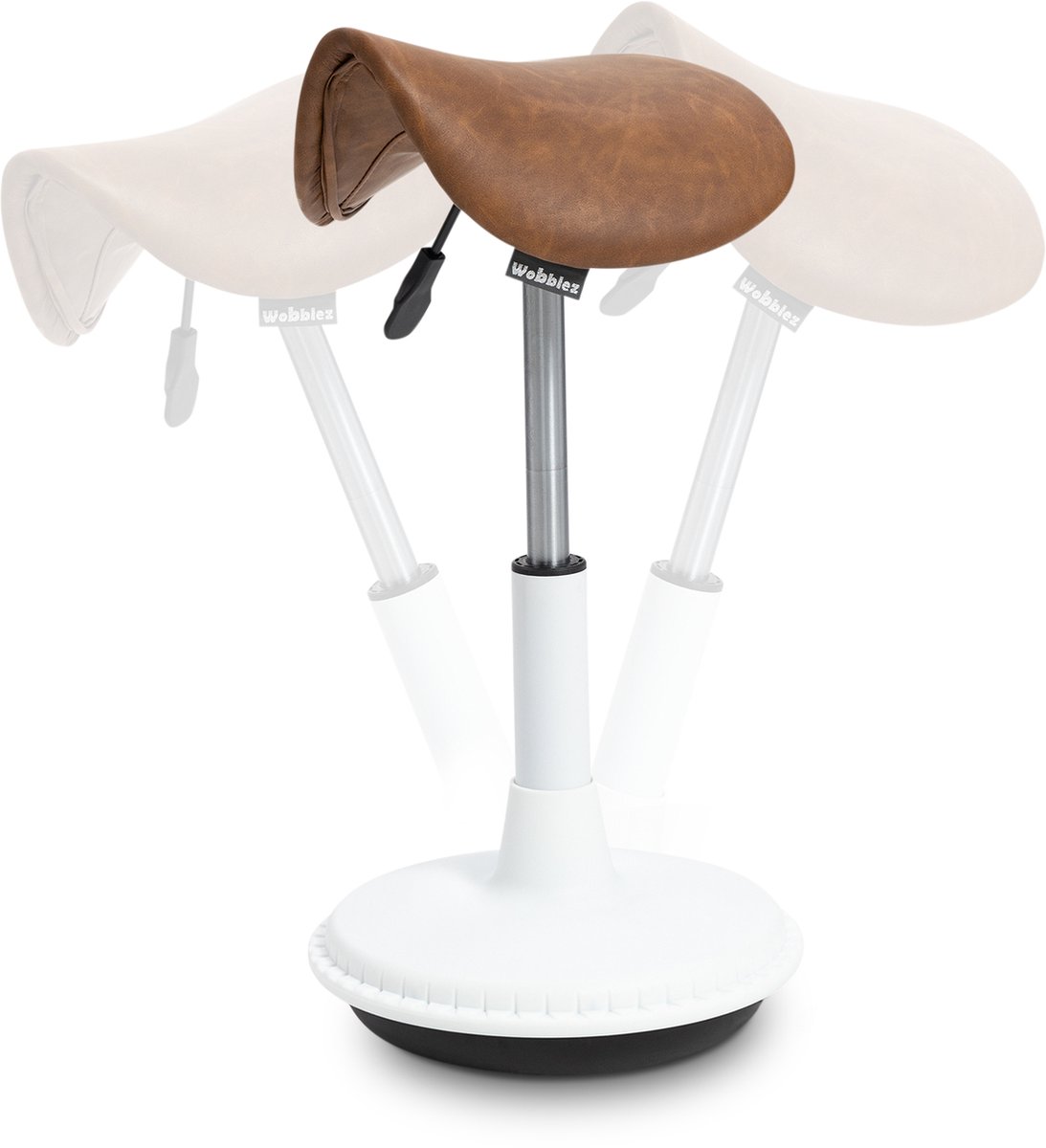 Wobblez® Stable Zadelkruk - in hoogte verstelbare wiebelkruk van 45-65 cm - Cognac zadel Wit frame