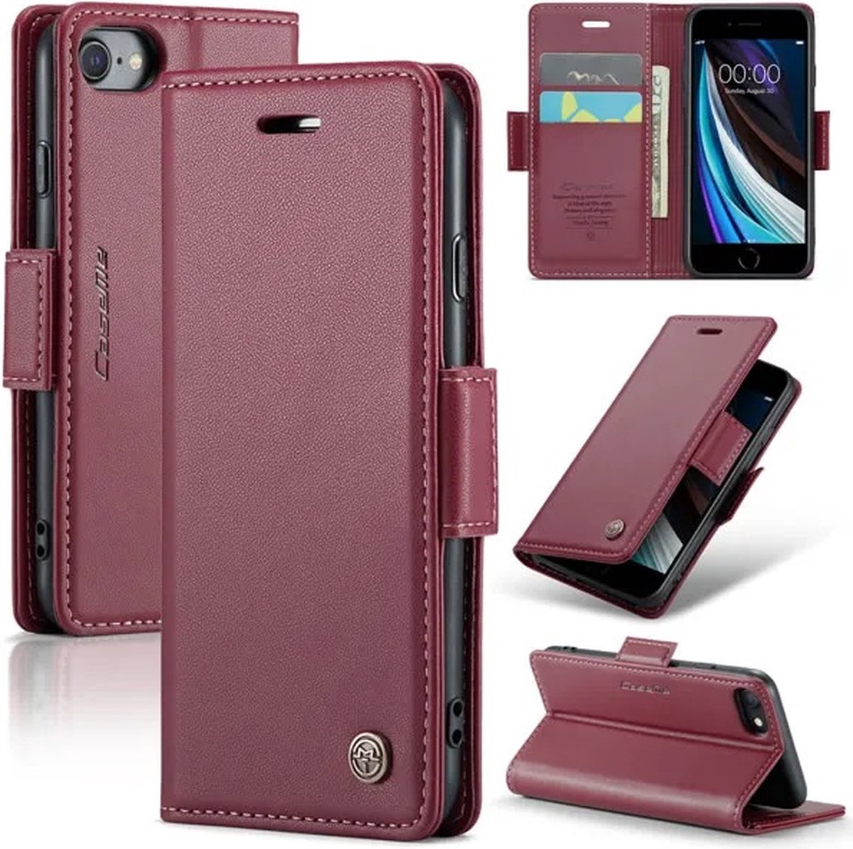 CaseMe Wallet Case met RFID Bescherming en Magneetsluiting voor iPhone 7 / 8 / SE 2020 / SE 2022 _ Wijnrood