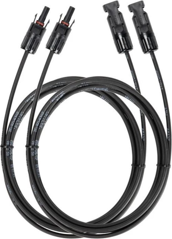 Twee zwarte kabels met aan beide uiteinden een connector, opgerold.