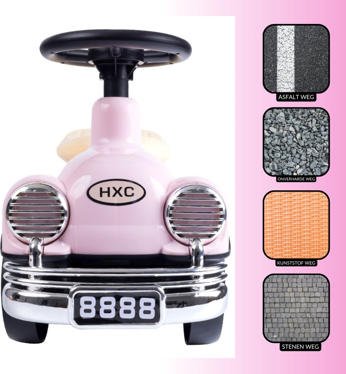 Buxibo Retro Loopauto | Loopwagen voor Jongens & Meisjes | 1-3 jaar | Veilig | Stimuleert Motorische Vaardigheden | Roze - 58x29x38cm — afbeelding 5