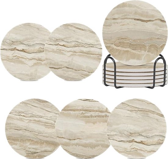 Foto: Ibright onderzetters voor glazen set van 8 met houder absorberend rond beige marble marmer design coasters