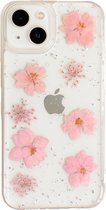 Casies Apple iPhone 14 Plus gedroogde bloemen hoesje - Dried flower case - Soft cover TPU - roze droogbloemen - transparant