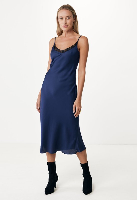 Mexx Satin Look Slipdress With Lace Edge Dames - Navy