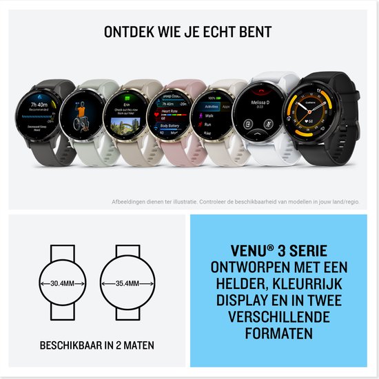 Collage van Garmin smartwatches in verschillende kleuren en maten, met tekst over het "VENU 3 SERIE ONTWORPEN MET EEN HELDER, KLEURRIJK DISPLAY EN IN TWEE VERSCHILLENDE FORMATEN".