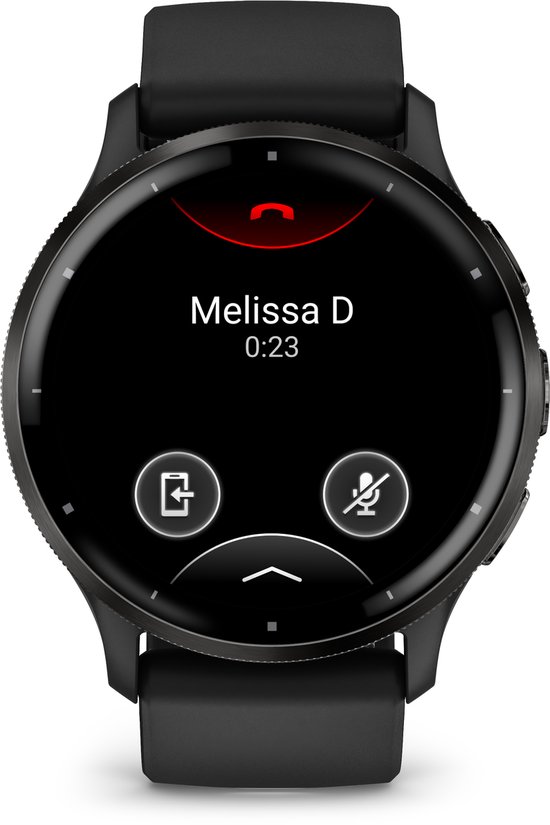 Zwarte smartwatch die een inkomend telefoongesprek van Melissa D toont.