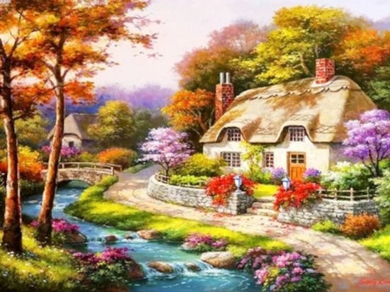 Foto: Diamond painting herfst huis rivier 30x40cm vierkante steentjes