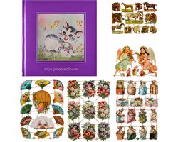 Poëziealbum - 16x16 - Paars - Poes met vlinders - met 5 vellen Poëzieplaatjes - Versjes - Gedicht - Cadeau - Sint - Geschenk - Knutselen - Hobby - Creatief - Scrapbook - Poezie